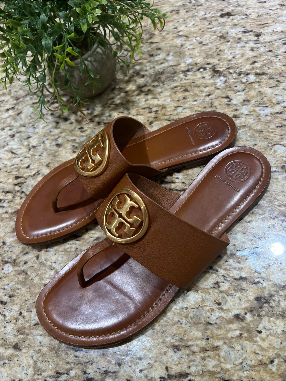 Tory Burch Benton Band Brown Leather  Sandals with Gold Double T Medallion 10.5M